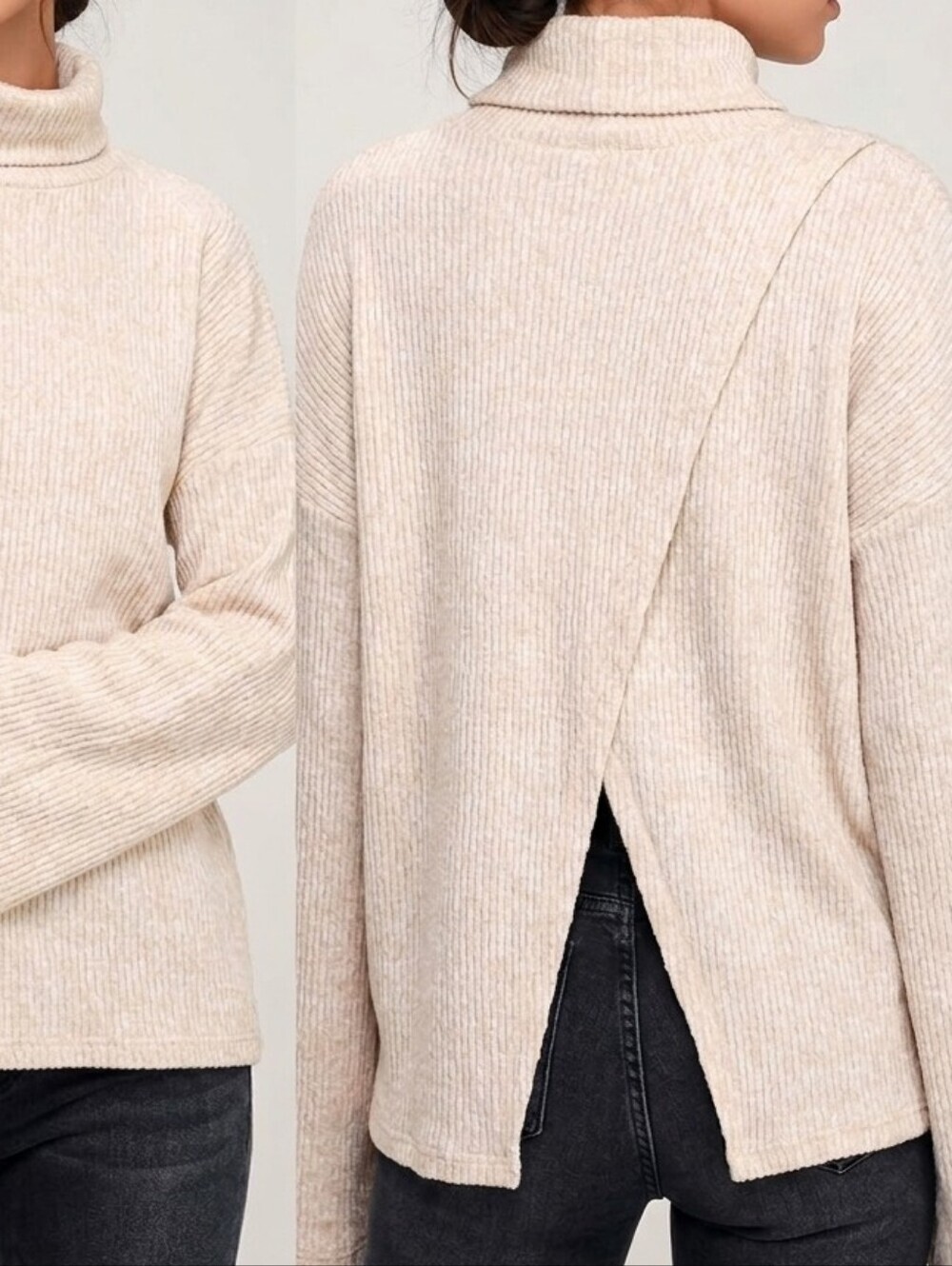 Lulus Cream Knit Turtleneck Bell Sleeve Overlap Split Back Sweater, XS, NWT - Picture 5 of 9